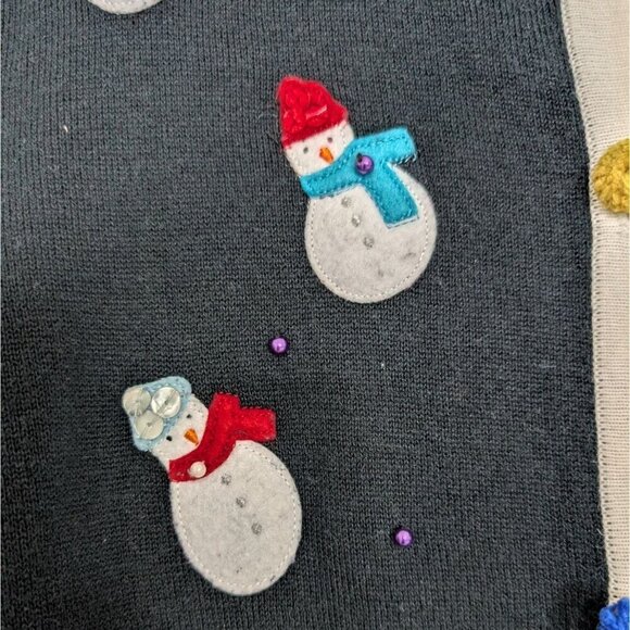 All Points Snowman Cardigan Womens Size Large Black Beaded Christmas Winter - Picture 3 of 13